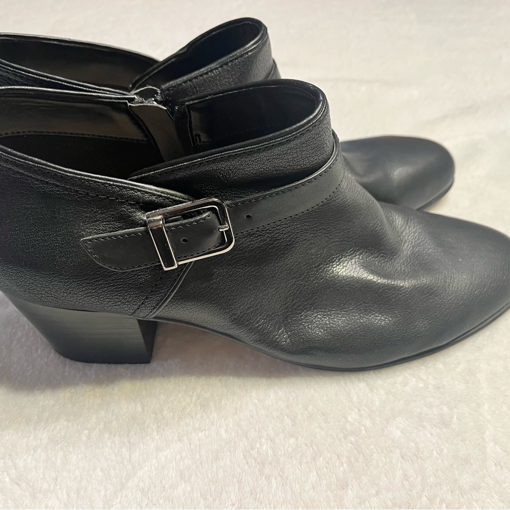 Clarks Black Leather Ankle Booties with Silver Buckle
